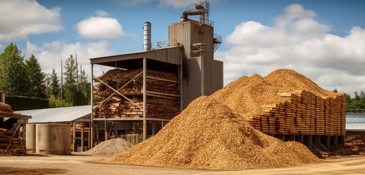Large piles of wood chips beside an industrial processing plant.